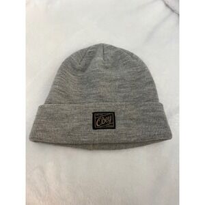 Obey Worldwide Grey Knit Cuffed Jobber Beanie Hat Logo Patch Streetwear One Size